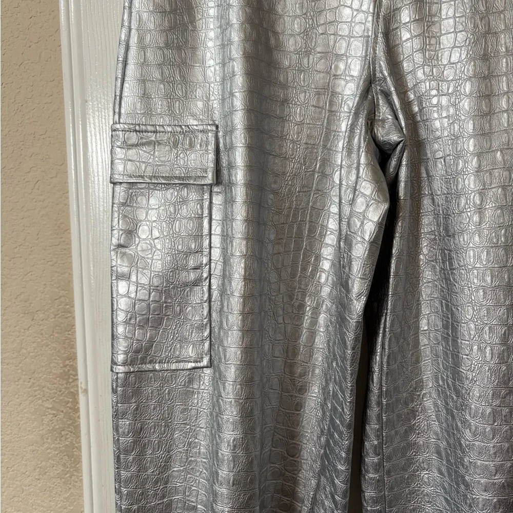 NAKED WARDROBE The Crocodile Faux Leather Joggers Metallic Silver Size Small NWT - Picture 7 of 13